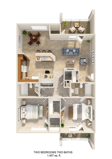 Floor plan for 2 beds, 2 baths, 1407 sqft